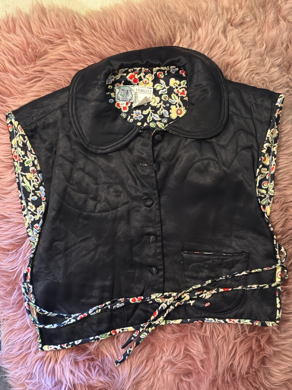Florence Nightingale Black Quilted Vest with Floral Trim